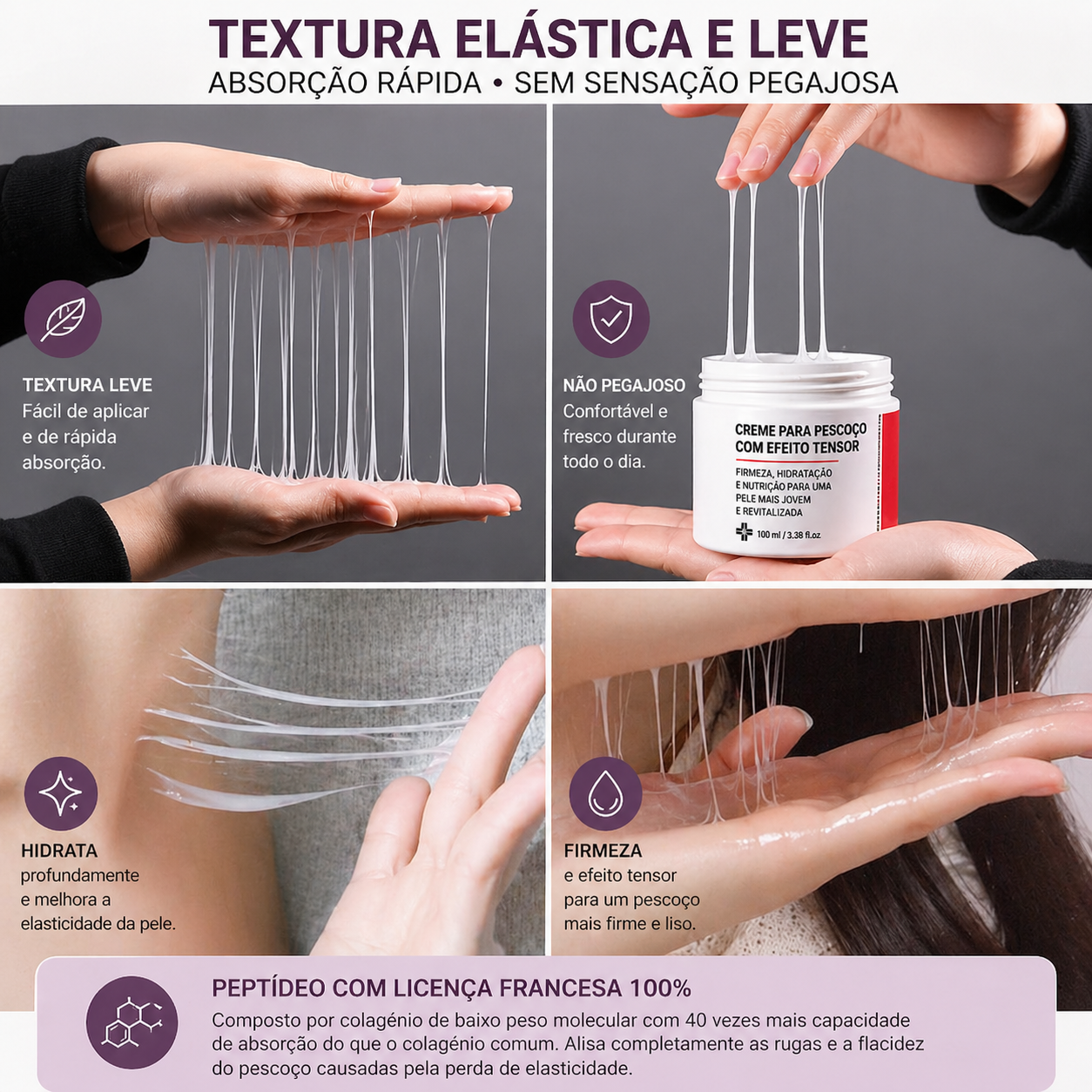 Creme hidratante para pescoço com colagénio original coreano, 100ml, 5% de solução de adenosina, peptídeo de colagénio hidrolisado, efeito lifting e firmeza.