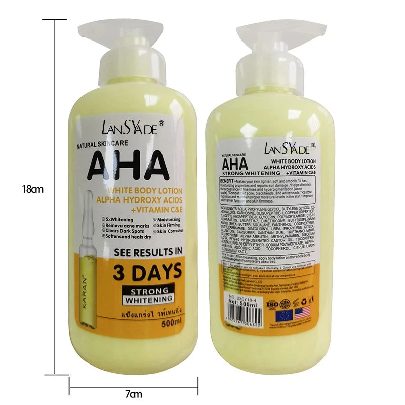 Creme Corporal Clareador 500ml com AHA (Ácidos Hidroxiácidos), Vitaminas C e E, Loção Corporal Hidratante e Clareadora para Remover Marcas de Acne e Cuidar da Pele