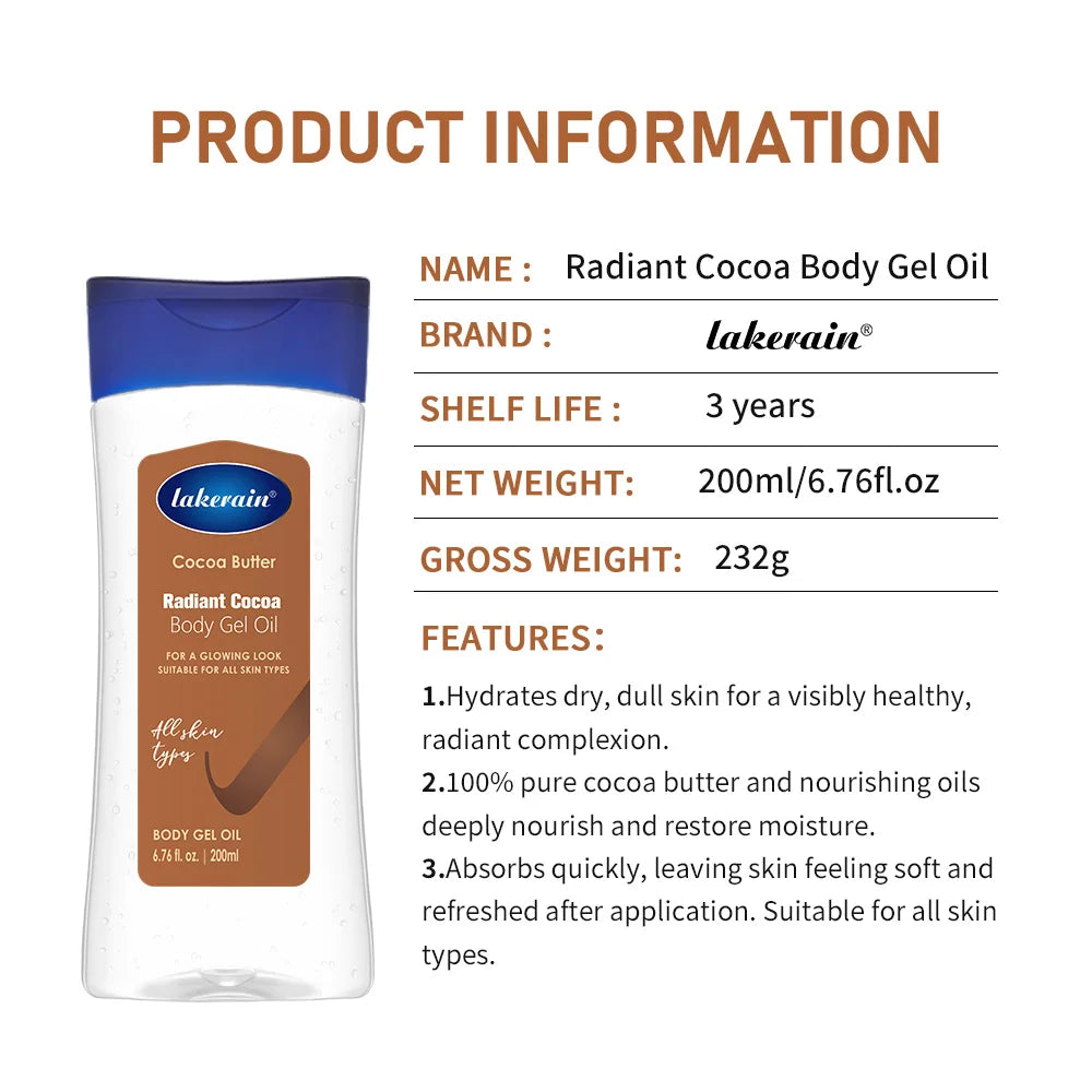 Óleo Corporal Hidratante e Nutritivo com Manteiga de Cacau Lakerain, Gel Corporal de Cacau 200ml para Massagem.