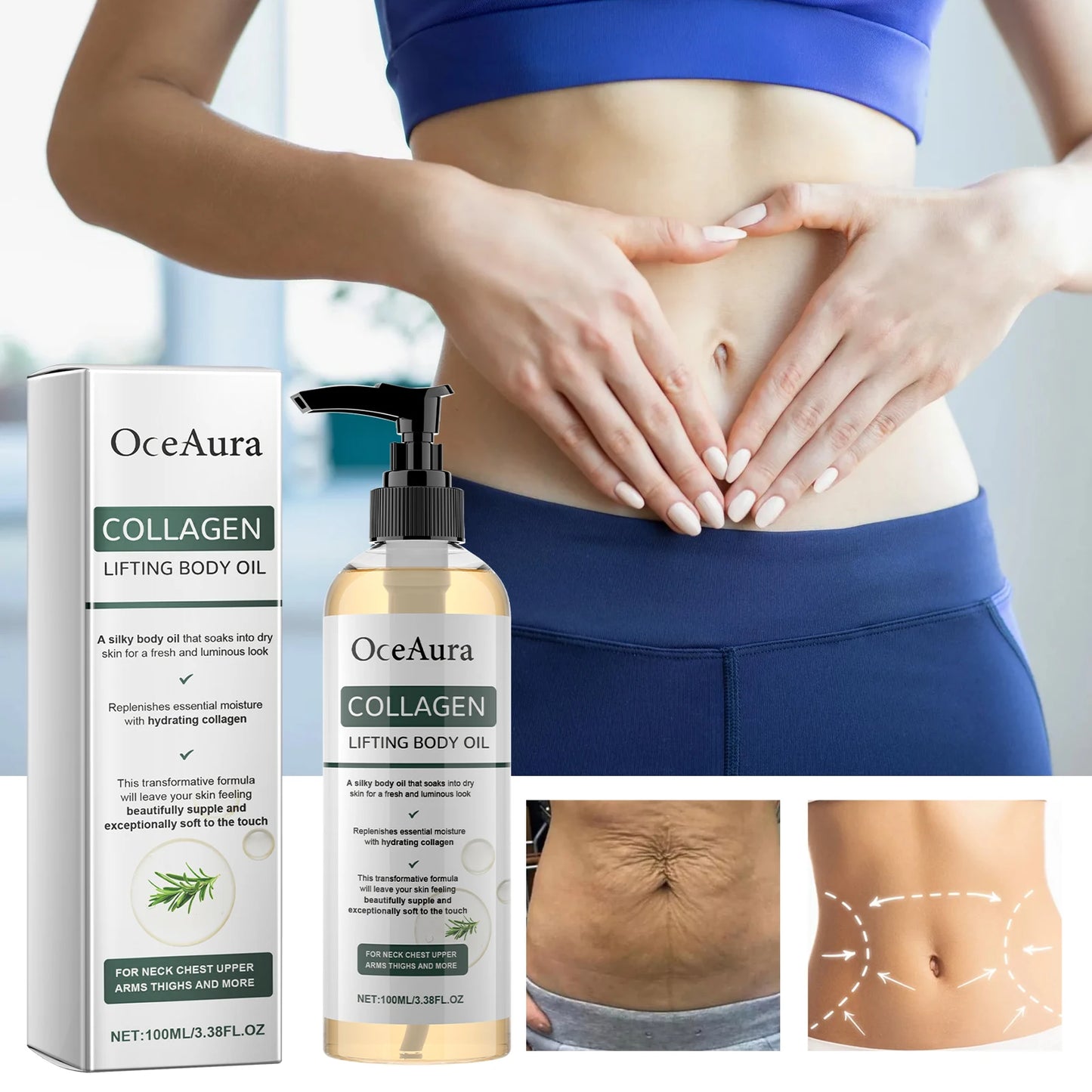Óleo Corporal de Colágeno OceAura Hidratante e Nutritivo para Massagem Corporal Completa, Óleo Essencial para Pele Seca, Hidratante