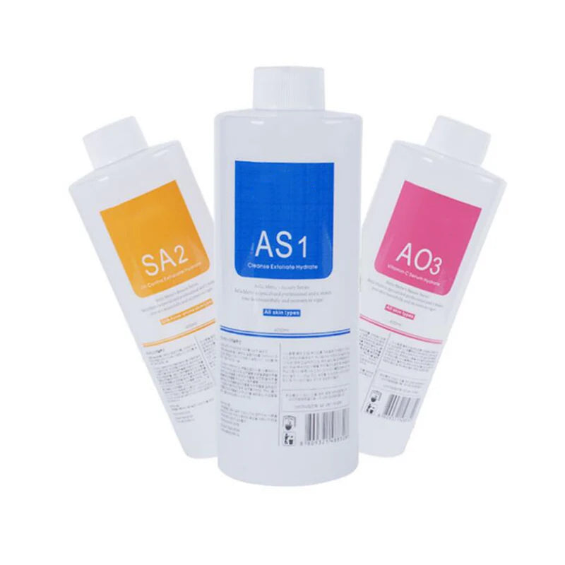 Kit com 3 Séruns para Cuidados Faciais: Hidratação, Hidratação e Peeling Químico, 400ml (AS1, SA2, AO3) para Limpeza Profunda da Pele com Aparelho Facial