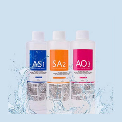 Kit com 3 Séruns para Cuidados Faciais: Hidratação, Hidratação e Peeling Químico, 400ml (AS1, SA2, AO3) para Limpeza Profunda da Pele com Aparelho Facial