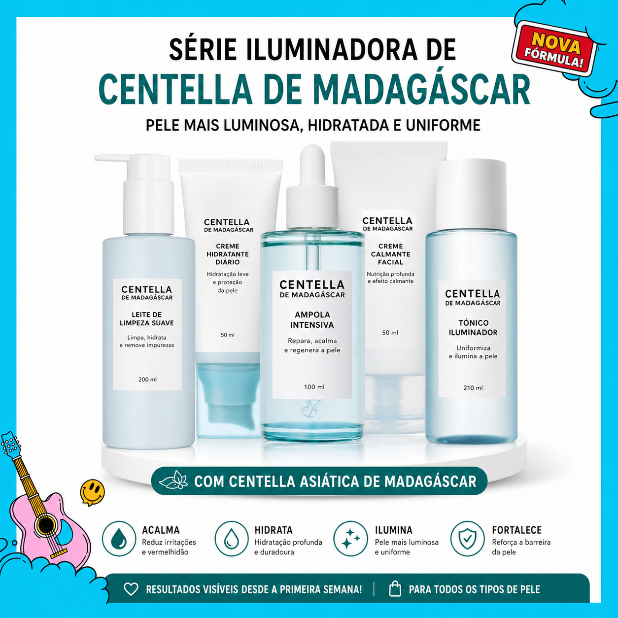Cuidados com a pele coreanos: Centelha Asiática, Ácido Hialurónico e Ceracina. Produtos de limpeza: 125ml, Essência: 100ml, Creme: 75ml, Tónico: 210ml, Máscara Hidratante: 20g.