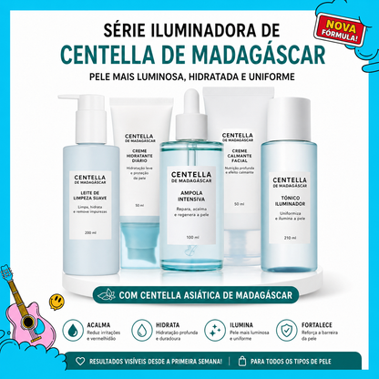 Cuidados com a pele coreanos: Centelha Asiática, Ácido Hialurónico e Ceracina. Produtos de limpeza: 125ml, Essência: 100ml, Creme: 75ml, Tónico: 210ml, Máscara Hidratante: 20g.