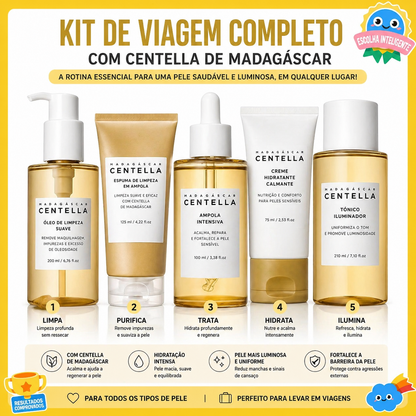 Cuidados com a pele coreanos: Centelha Asiática, Ácido Hialurónico e Ceracina. Produtos de limpeza: 125ml, Essência: 100ml, Creme: 75ml, Tónico: 210ml, Máscara Hidratante: 20g.
