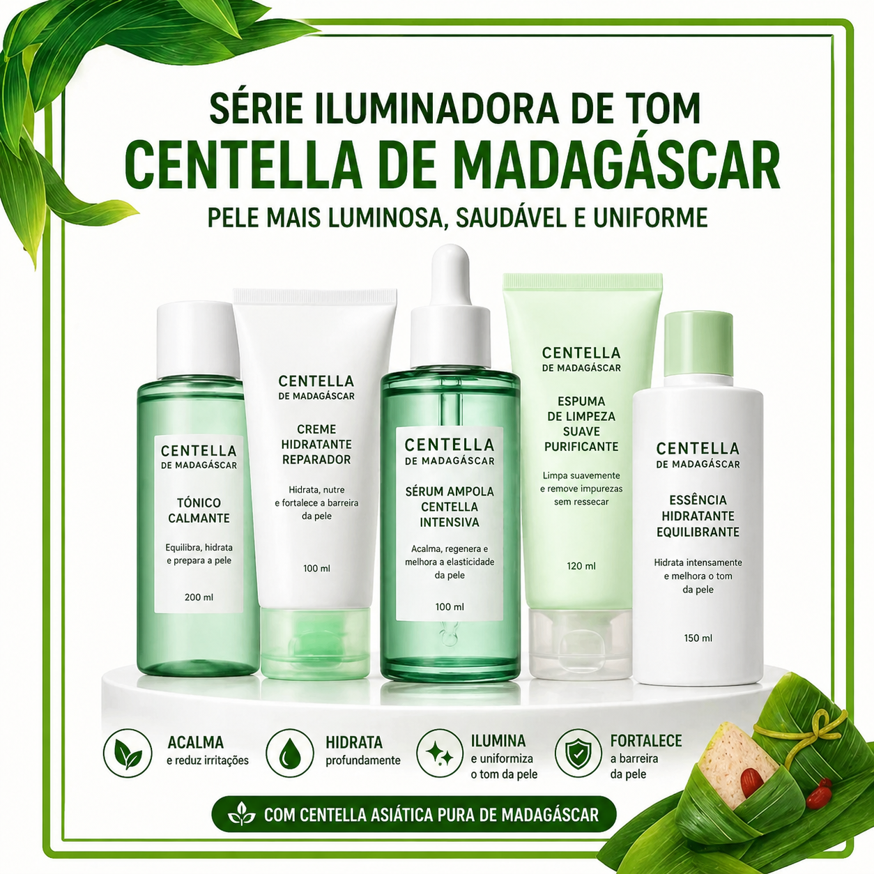 Cuidados com a pele coreanos: Centelha Asiática, Ácido Hialurónico e Ceracina. Produtos de limpeza: 125ml, Essência: 100ml, Creme: 75ml, Tónico: 210ml, Máscara Hidratante: 20g.