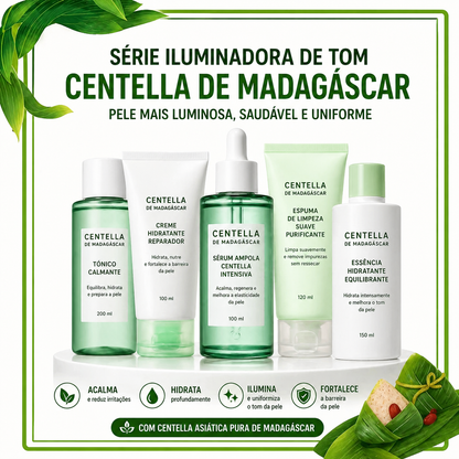Cuidados com a pele coreanos: Centelha Asiática, Ácido Hialurónico e Ceracina. Produtos de limpeza: 125ml, Essência: 100ml, Creme: 75ml, Tónico: 210ml, Máscara Hidratante: 20g.