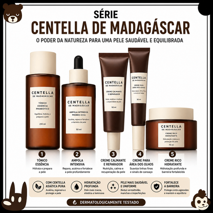 Cuidados com a pele coreanos: Centelha Asiática, Ácido Hialurónico e Ceracina. Produtos de limpeza: 125ml, Essência: 100ml, Creme: 75ml, Tónico: 210ml, Máscara Hidratante: 20g.