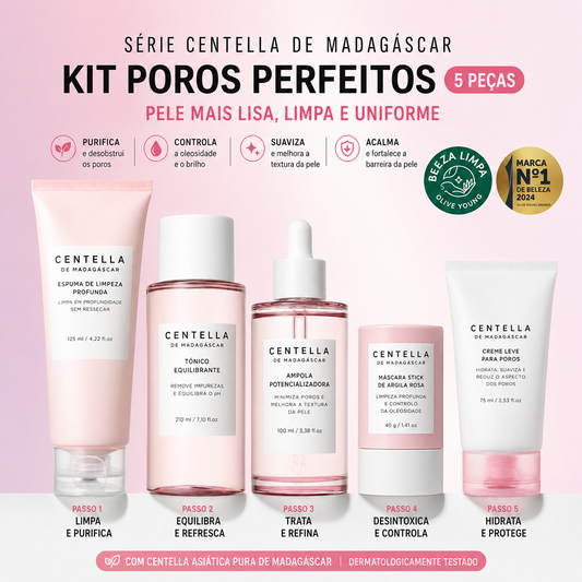 Cuidados com a pele coreanos: Centelha Asiática, Ácido Hialurónico e Ceracina. Produtos de limpeza: 125ml, Essência: 100ml, Creme: 75ml, Tónico: 210ml, Máscara Hidratante: 20g.