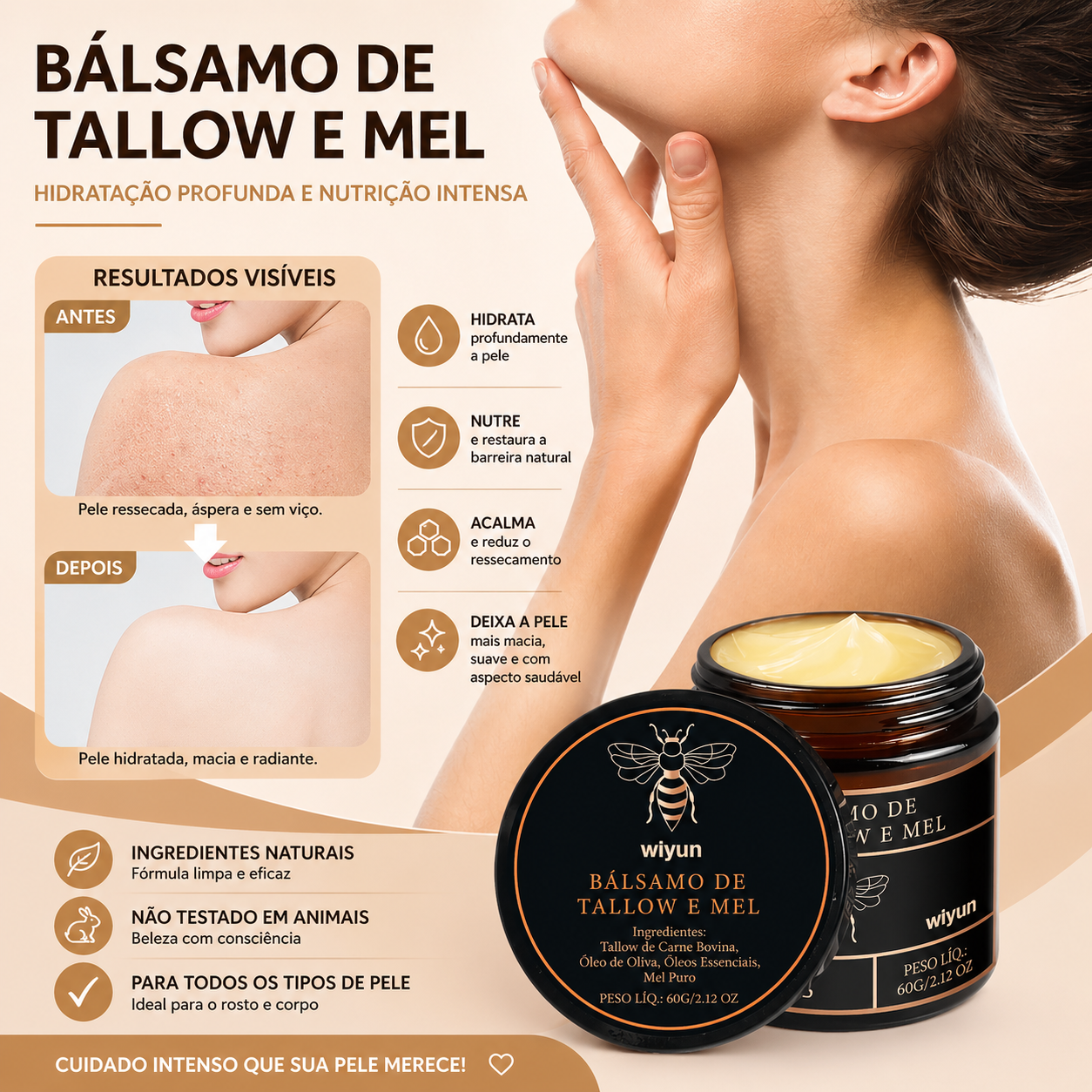 Creme hidratante de mel e sebo para uma pele radiante, que melhora a elasticidade, suaviza, aclara, combate a opacidade e refirma a pele. Ideal para rosto e corpo.