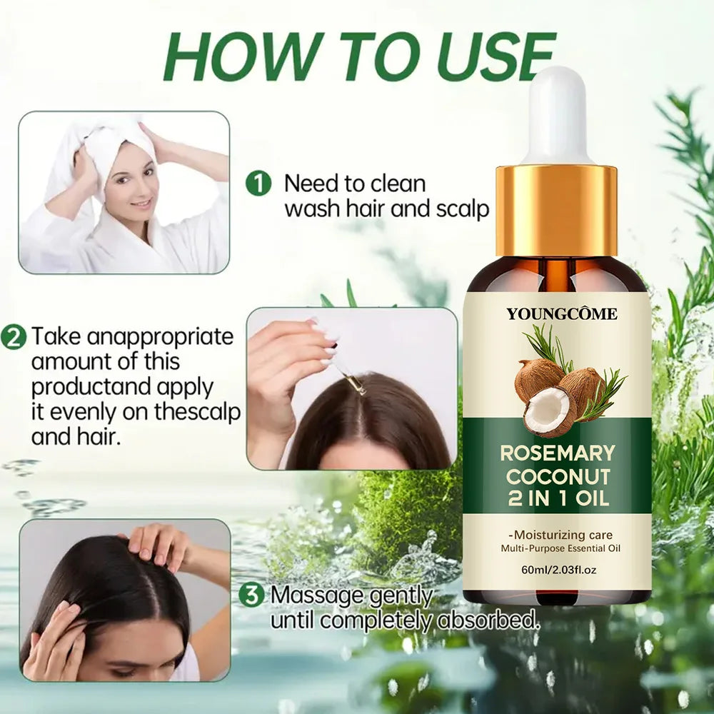 Óleo de alecrim, óleo essencial de coco para o cabelo: melhora a queda de cabelo, nutre e fortalece as raízes. Tratamento para o couro cabeludo e cuidados capilares.