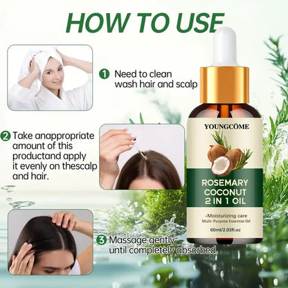 Óleo de alecrim, óleo essencial de coco para o cabelo: melhora a queda de cabelo, nutre e fortalece as raízes. Tratamento para o couro cabeludo e cuidados capilares.