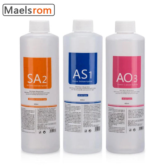 Kit com 3 Séruns para Cuidados Faciais: Hidratação, Hidratação e Peeling Químico, 400ml (AS1, SA2, AO3) para Limpeza Profunda da Pele com Aparelho Facial