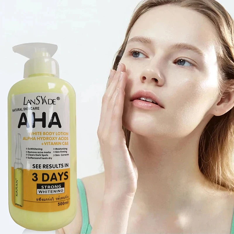 Creme Corporal Clareador 500ml com AHA (Ácidos Hidroxiácidos), Vitaminas C e E, Loção Corporal Hidratante e Clareadora para Remover Marcas de Acne e Cuidar da Pele