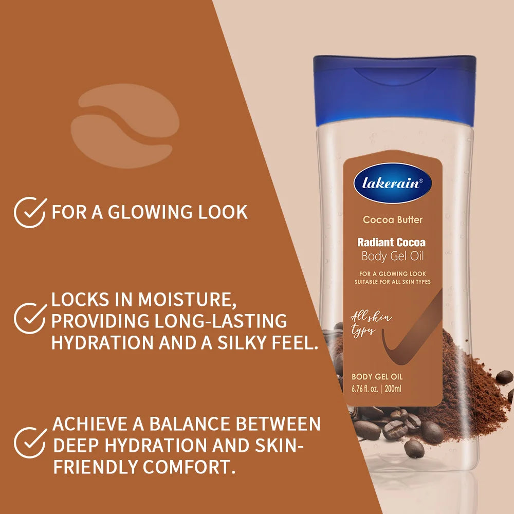 Óleo Corporal Hidratante e Nutritivo com Manteiga de Cacau Lakerain, Gel Corporal de Cacau 200ml para Massagem.
