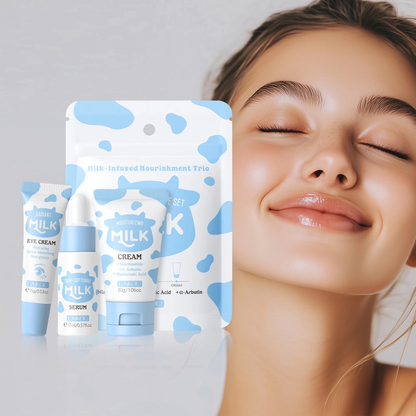 Kit Trio Iluminador LAIKOU Milk: Nutrição Profunda, Sérum Hidratante Não Oleoso para Cuidados com a Pele, Creme para Olhos e Hidratante - Conjunto para Presente