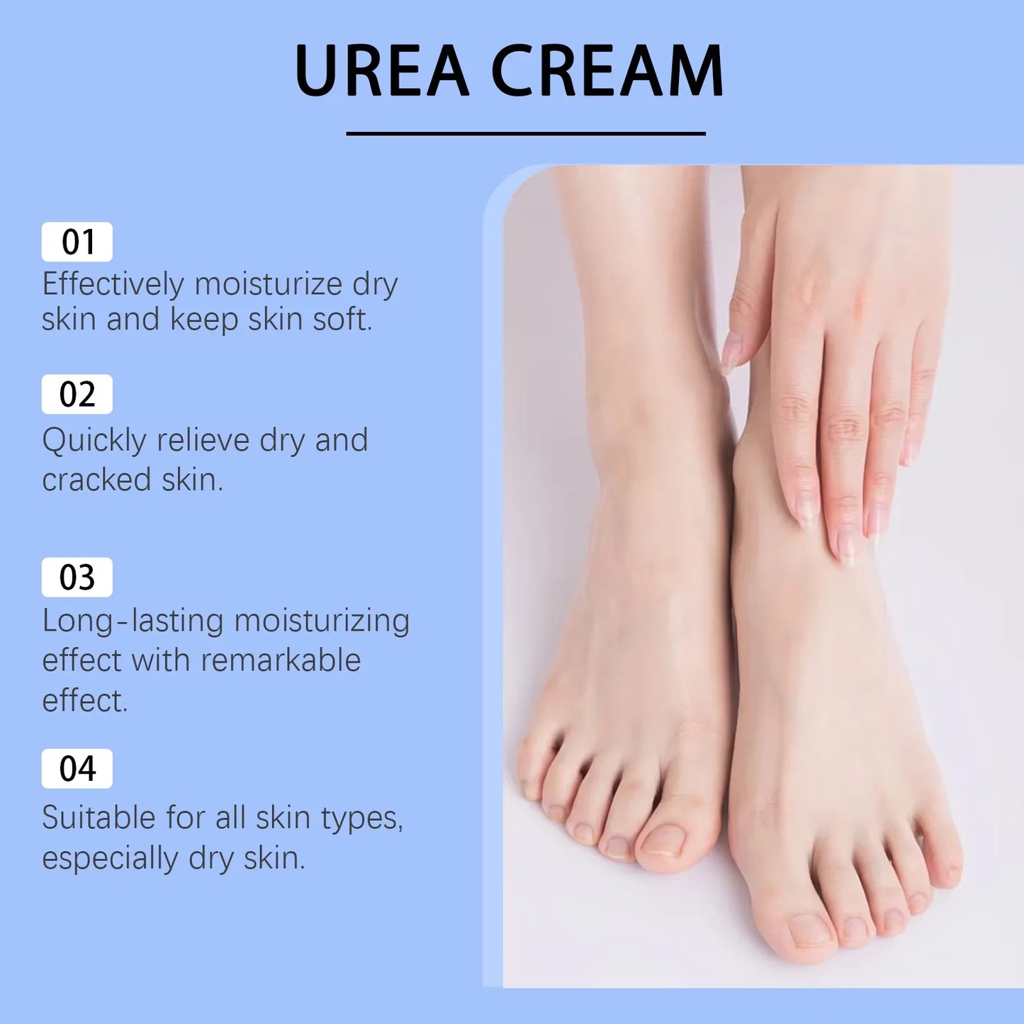 Creme hidratante para os pés com 60% de ureia. Alivia o ressecamento e rachaduras nos calcanhares, repara, suaviza, remove calosidades e pele morta. Cuidados com a pele das mãos e pés.