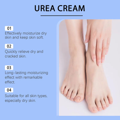 Creme hidratante para os pés com 60% de ureia. Alivia o ressecamento e rachaduras nos calcanhares, repara, suaviza, remove calosidades e pele morta. Cuidados com a pele das mãos e pés.