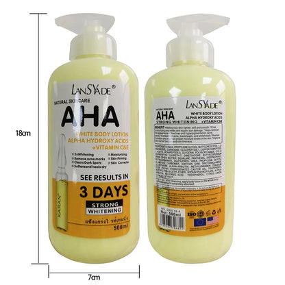 Creme Corporal Clareador 500ml com AHA (Ácidos Hidroxiácidos), Vitaminas C e E, Loção Corporal Hidratante e Clareadora para Remover Marcas de Acne e Cuidar da Pele