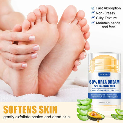 Creme para pés ultra-hidratante 60% ureia 40g Aloe Vera para suavizar pés secos e rachados - esfoliação suave solução diária para cuidados com os pés