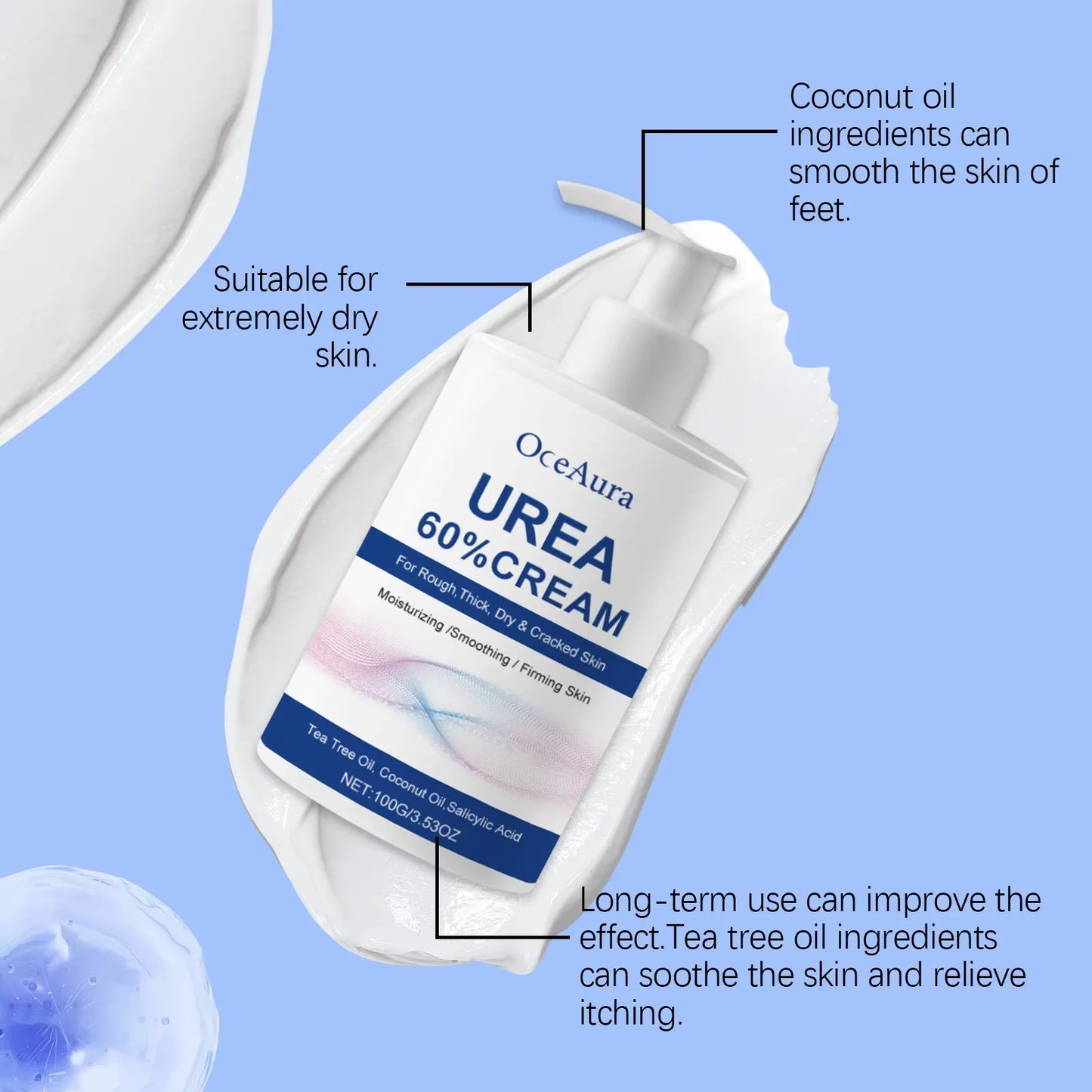 Creme hidratante para os pés com 60% de ureia. Alivia o ressecamento e rachaduras nos calcanhares, repara, suaviza, remove calosidades e pele morta. Cuidados com a pele das mãos e pés.