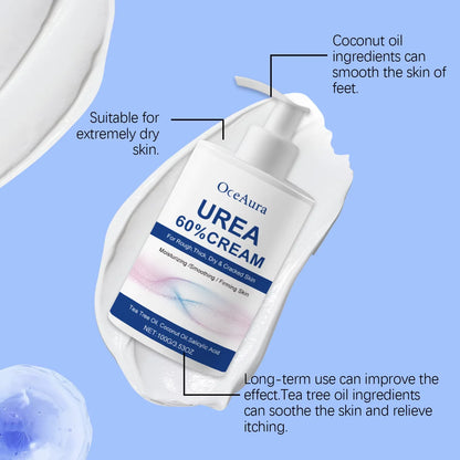 Creme hidratante para os pés com 60% de ureia. Alivia o ressecamento e rachaduras nos calcanhares, repara, suaviza, remove calosidades e pele morta. Cuidados com a pele das mãos e pés.