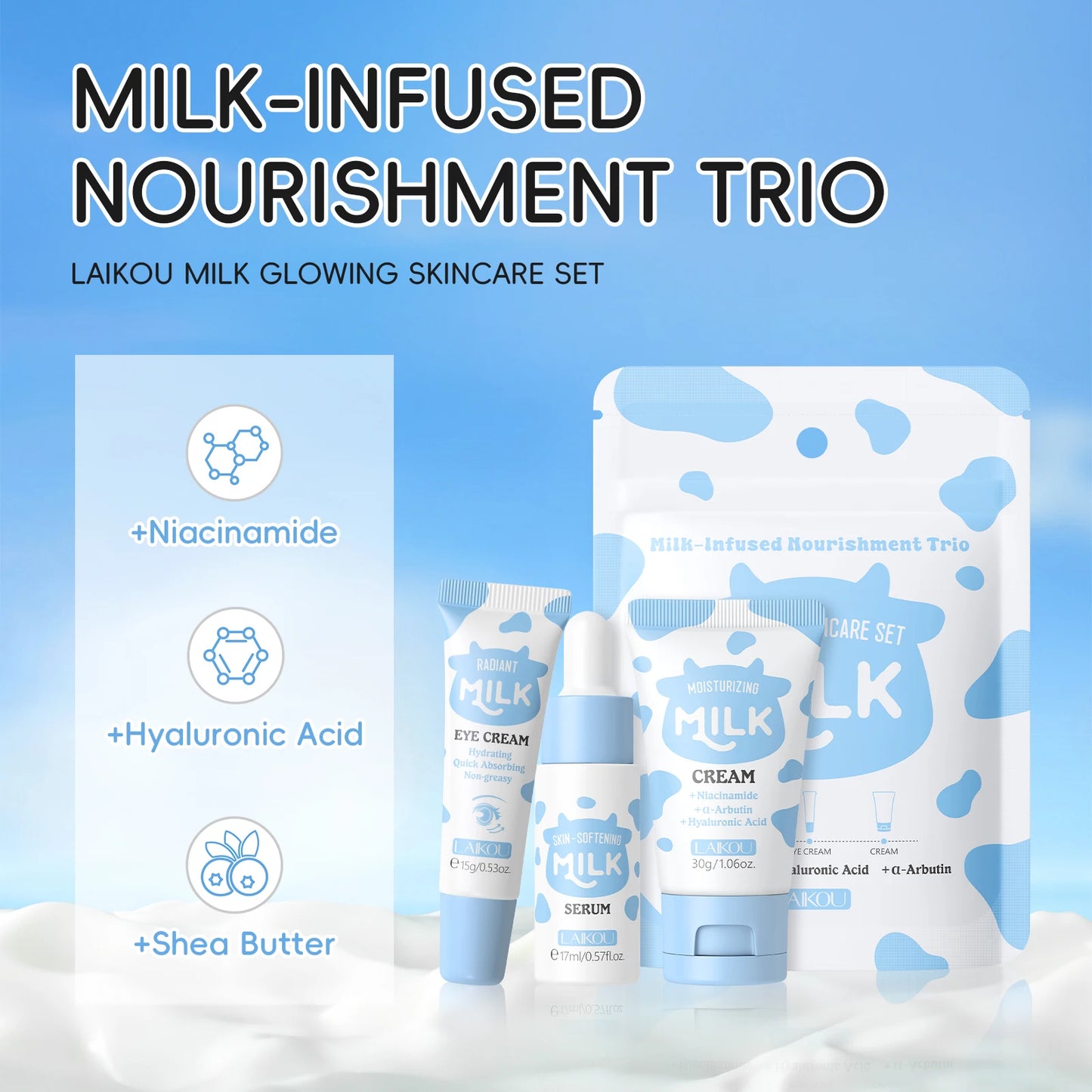 Kit Trio Iluminador LAIKOU Milk: Nutrição Profunda, Sérum Hidratante Não Oleoso para Cuidados com a Pele, Creme para Olhos e Hidratante - Conjunto para Presente