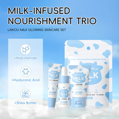 Kit Trio Iluminador LAIKOU Milk: Nutrição Profunda, Sérum Hidratante Não Oleoso para Cuidados com a Pele, Creme para Olhos e Hidratante - Conjunto para Presente