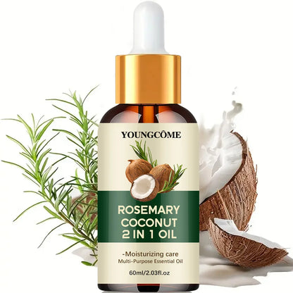 Óleo de alecrim, óleo essencial de coco para o cabelo: melhora a queda de cabelo, nutre e fortalece as raízes. Tratamento para o couro cabeludo e cuidados capilares.