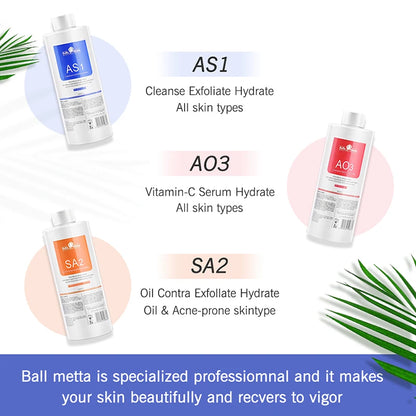 Kit com 3 Séruns para Cuidados Faciais: Hidratação, Hidratação e Peeling Químico, 400ml (AS1, SA2, AO3) para Limpeza Profunda da Pele com Aparelho Facial