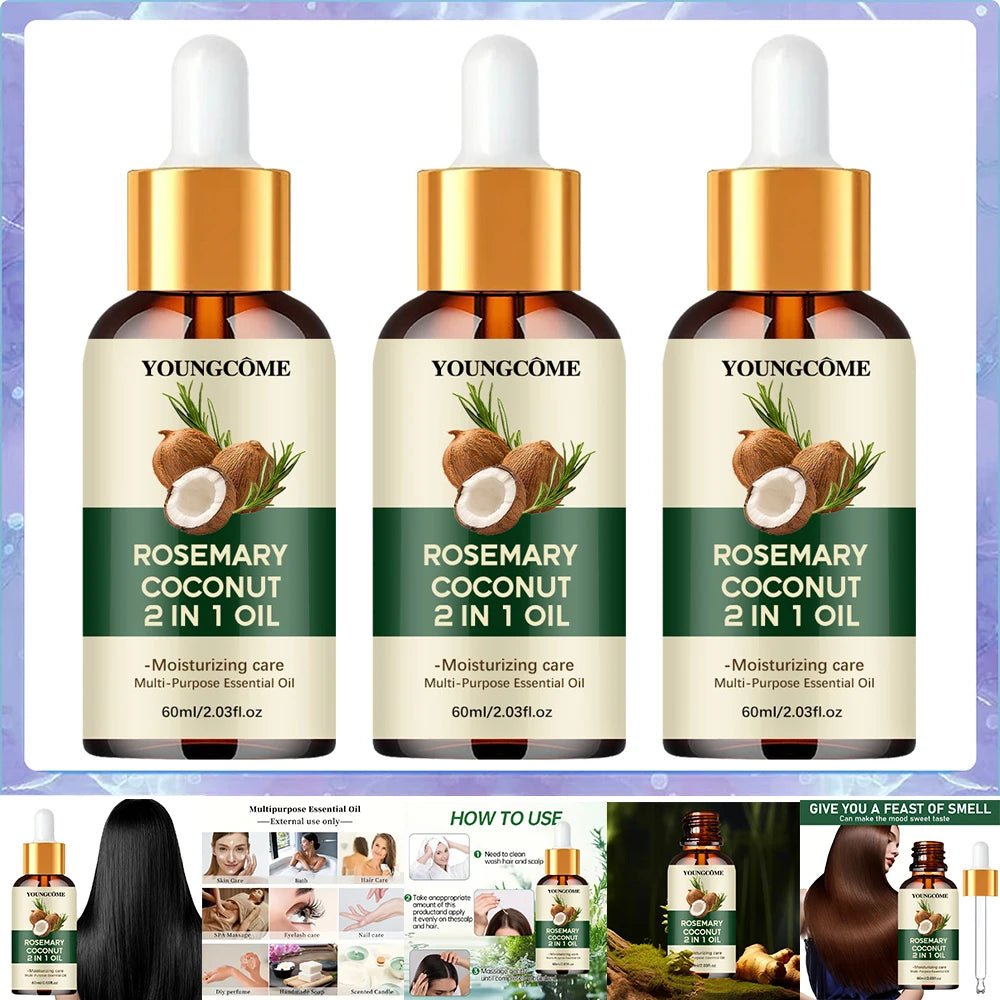 Óleo de alecrim, óleo essencial de coco para o cabelo: melhora a queda de cabelo, nutre e fortalece as raízes. Tratamento para o couro cabeludo e cuidados capilares.