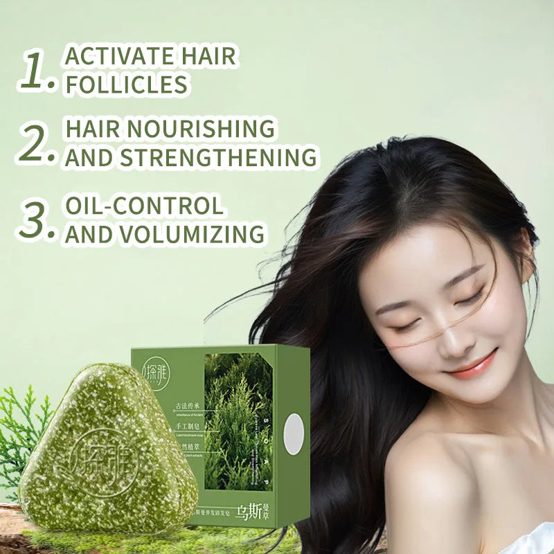 Usman Grass & Platycladus Herbal Shampoo Sabonete Natural Tratamento para perda de cabelo fortalece as raízes, controla o óleo, limpa o crescimento do cabelo do couro cabeludo ✨