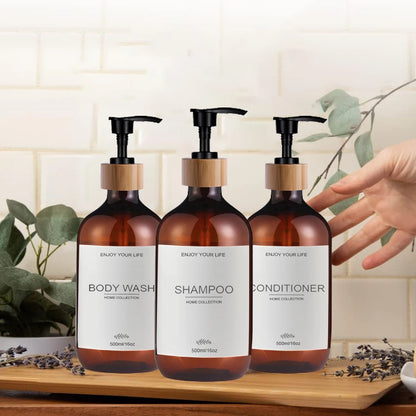 Conjunto de 3 Frascos Dispensadores de Shampoo e Condicionador de 500ml com Bomba Dosadora para Sabonete Líquido, Shampoo e Condicionador.