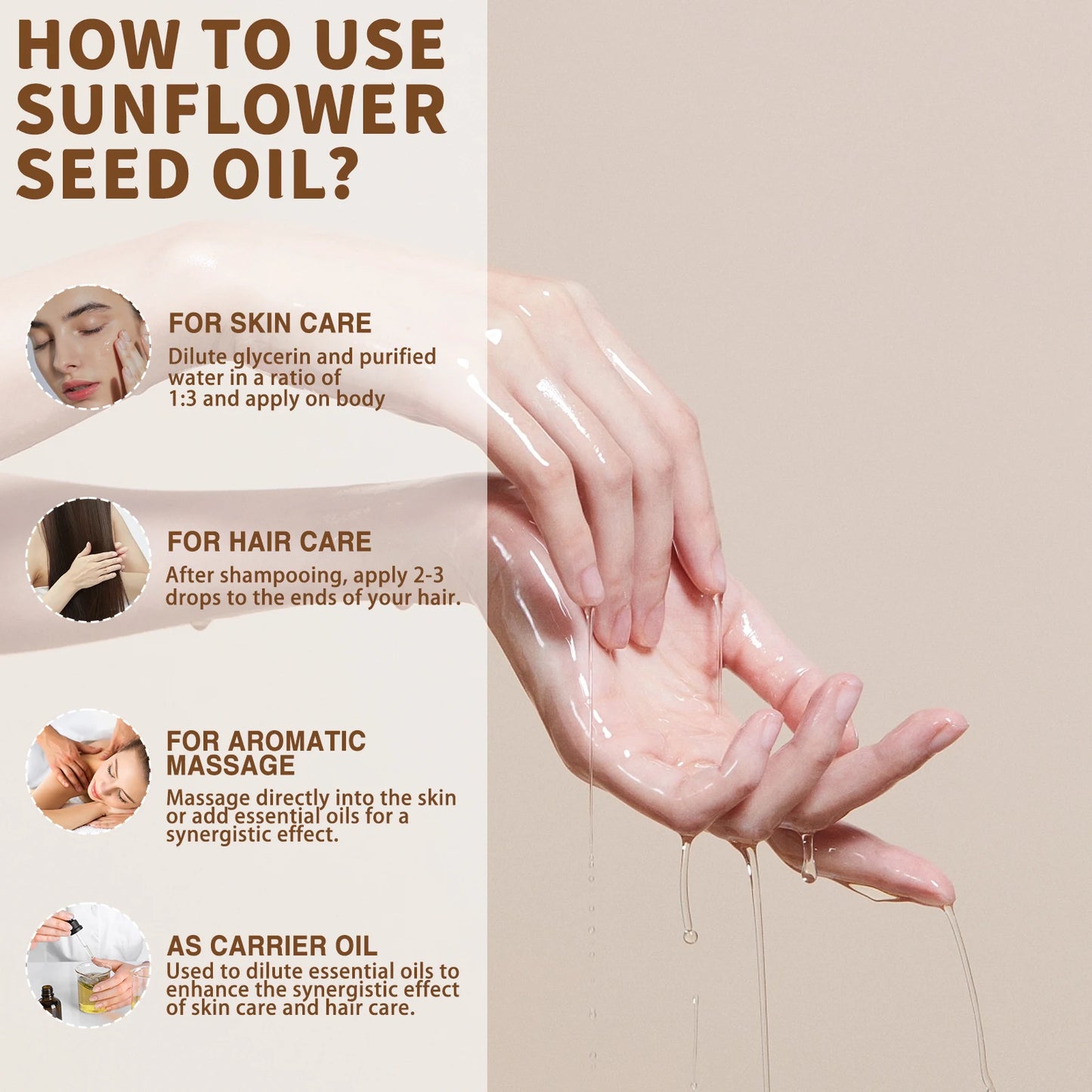 Óleo de coco orgânico USDA para pele, cabelo facial, amêndoa doce prensada a frio, argan marroquino, óleo de semente de girassol para massagem, hidratação