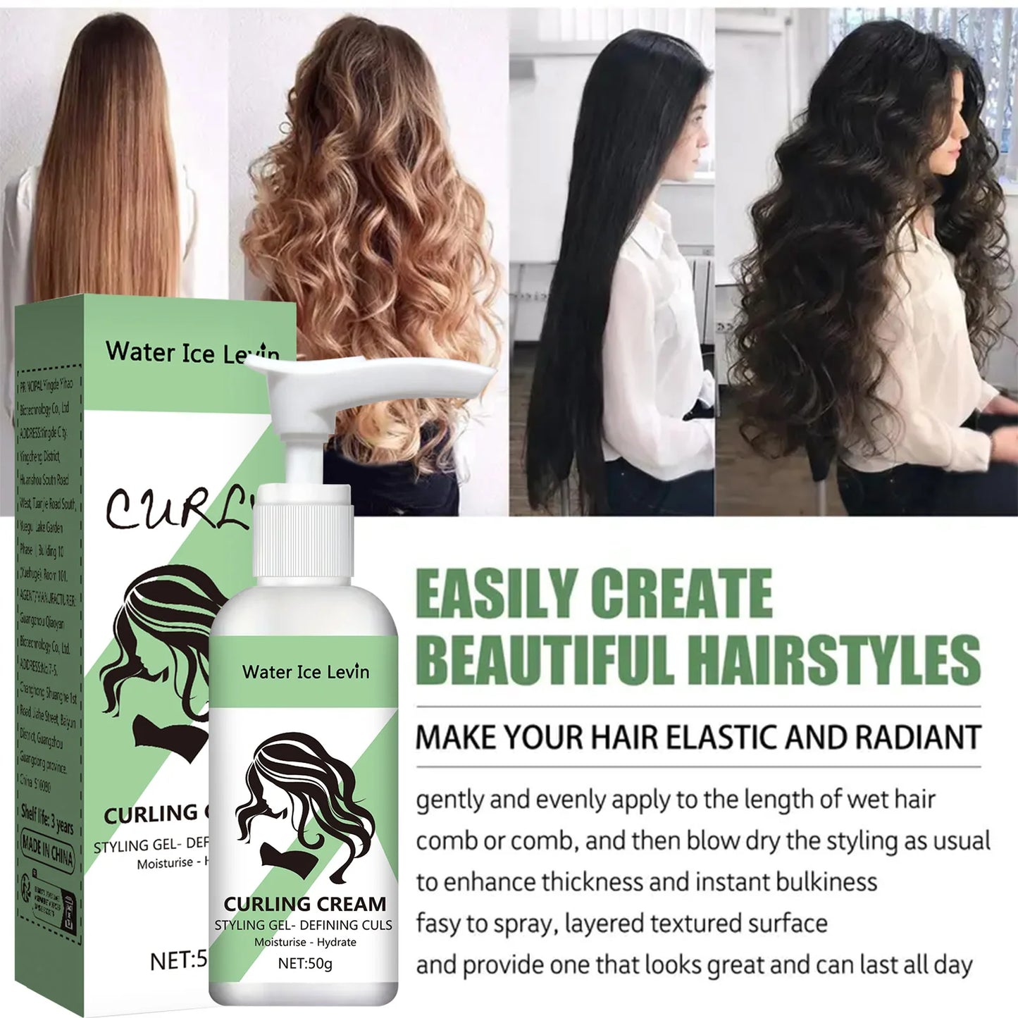 Cabelos cacheados Creme modelador, fórmula hidratante e suavizante, realça a elasticidade e o brilho dos cabelos cacheados, fácil de fixar ✨
