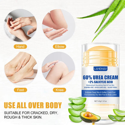 Creme para pés ultra-hidratante 60% ureia 40g Aloe Vera para suavizar pés secos e rachados - esfoliação suave solução diária para cuidados com os pés