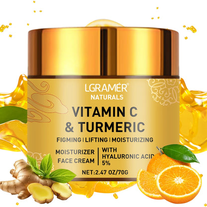 Creme facial de curcuma e vitamina C com retinol, hidratante, refirmante, ácido hialurónico, branqueador, reparador, suavizante e para o cuidado da pele.