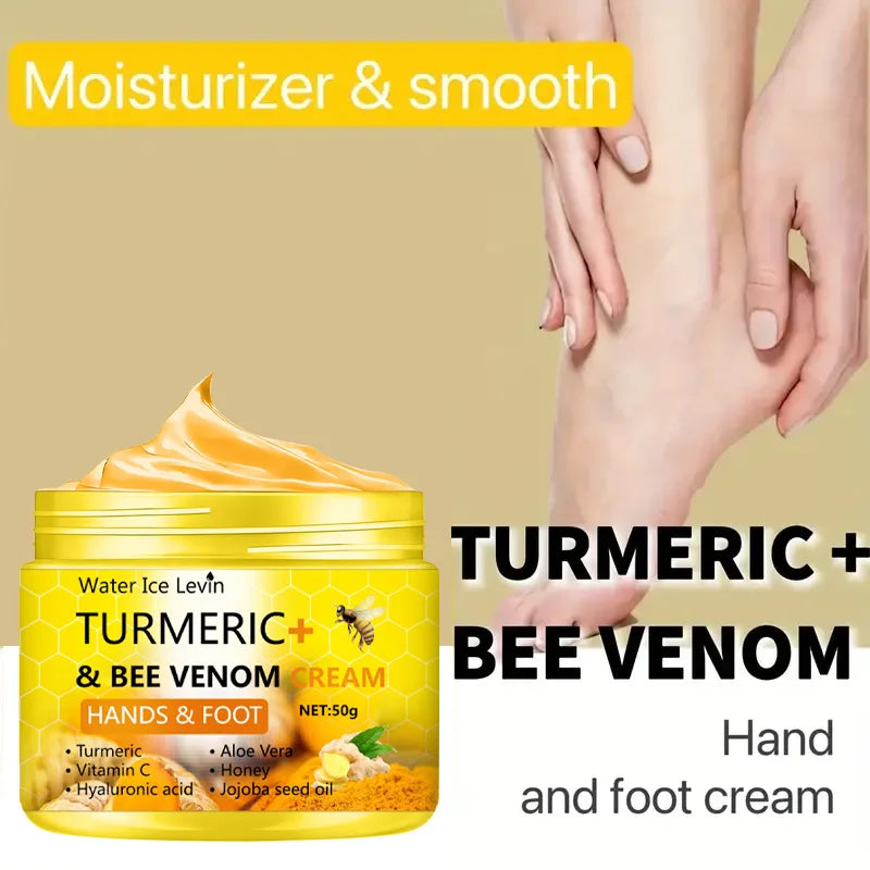Creme para pés rachados com cúrcuma e veneno de abelha, 50g. Repara pele ressecada e morta nos pés e mãos.