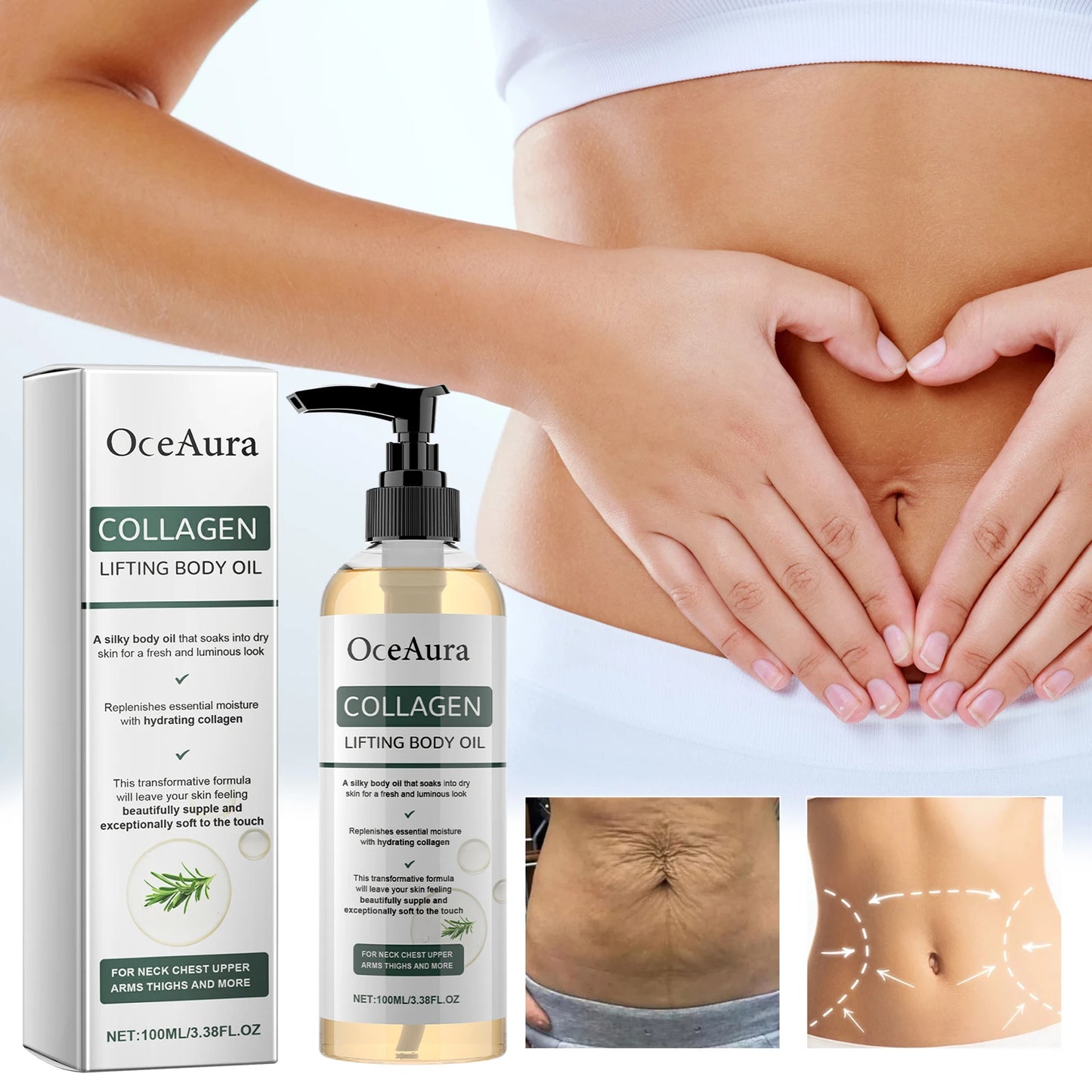 Óleo Corporal de Colágeno OceAura Hidratante e Nutritivo para Massagem Corporal Completa, Óleo Essencial para Pele Seca, Hidratante
