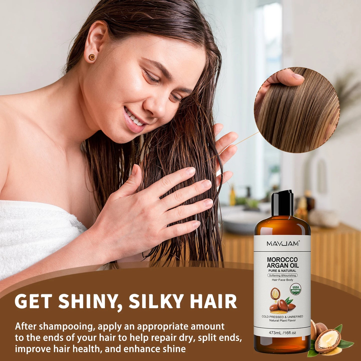 Óleo de coco orgânico USDA para pele, cabelo facial, amêndoa doce prensada a frio, argan marroquino, óleo de semente de girassol para massagem, hidratação