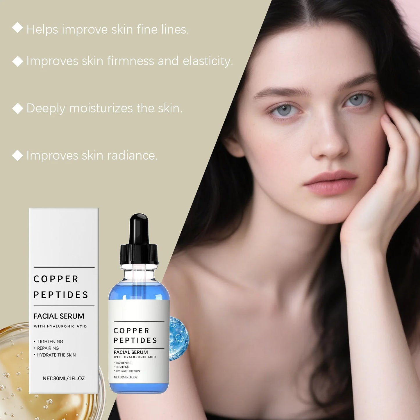 Copper Peptide Serum Anti Wrinkle Remover Antioxidant Tighten Skin Barrier Repair Deep Hydration Hyaluronic Acid Face Serum 30ml ✨