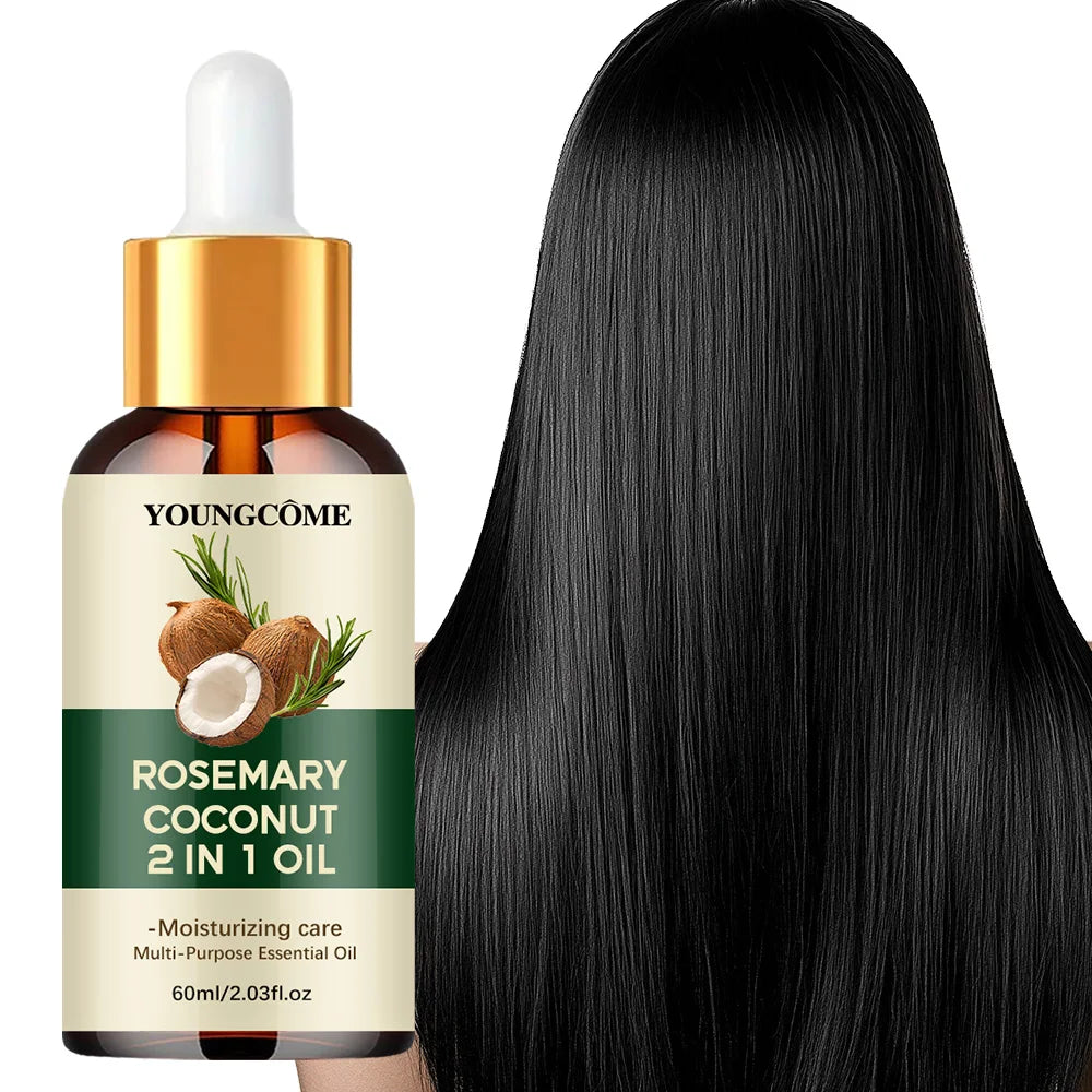Óleo de alecrim, óleo essencial de coco para o cabelo: melhora a queda de cabelo, nutre e fortalece as raízes. Tratamento para o couro cabeludo e cuidados capilares.