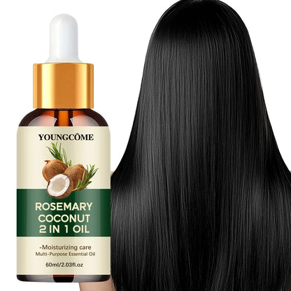 Óleo de alecrim, óleo essencial de coco para o cabelo: melhora a queda de cabelo, nutre e fortalece as raízes. Tratamento para o couro cabeludo e cuidados capilares.