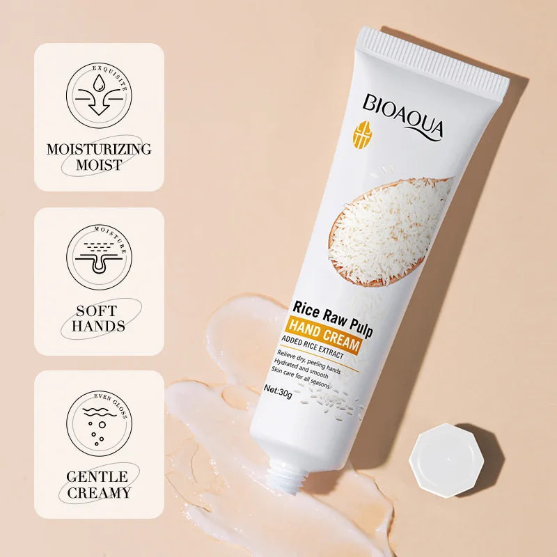 Creme para as mãos BIOAQUA com arroz branco: clareador, hidratante, nutritivo e antienvelhecimento. Produtos para o cuidado da pele das mãos ✨