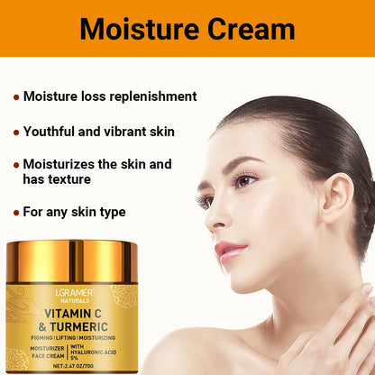 Creme facial de curcuma e vitamina C com retinol, hidratante, refirmante, ácido hialurónico, branqueador, reparador, suavizante e para o cuidado da pele.