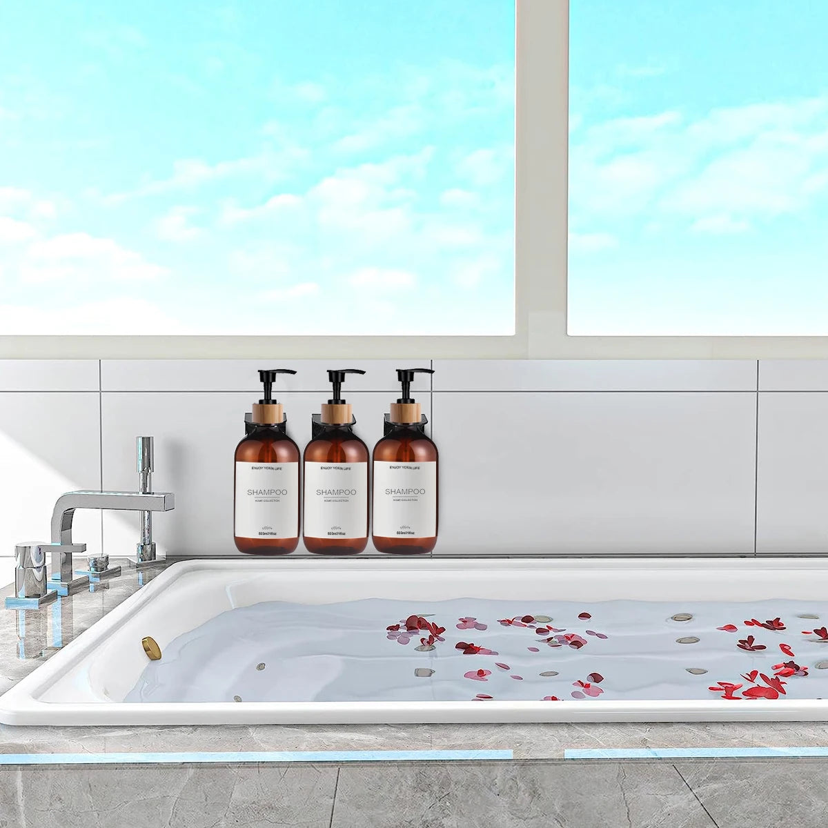 Conjunto de 3 Frascos Dispensadores de Shampoo e Condicionador de 500ml com Bomba Dosadora para Sabonete Líquido, Shampoo e Condicionador.