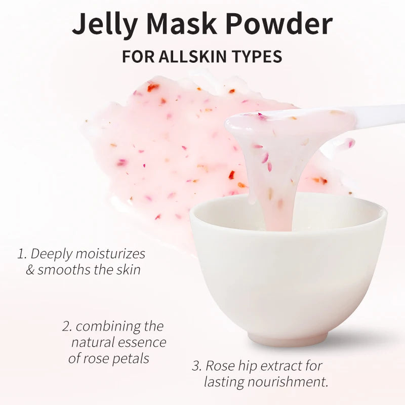 Rosa/ácido hialurônico/geléia de colágeno máscara facial em pó-hidratante, melhorando e hidratando cuidados com a pele facial-gel natural peel off