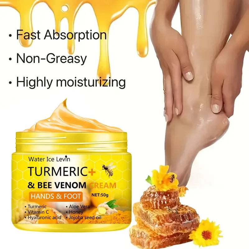 Creme para pés rachados com cúrcuma e veneno de abelha, 50g. Repara pele ressecada e morta nos pés e mãos.