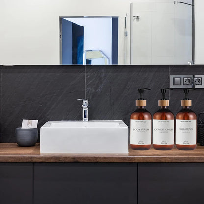 Conjunto de 3 Frascos Dispensadores de Shampoo e Condicionador de 500ml com Bomba Dosadora para Sabonete Líquido, Shampoo e Condicionador.