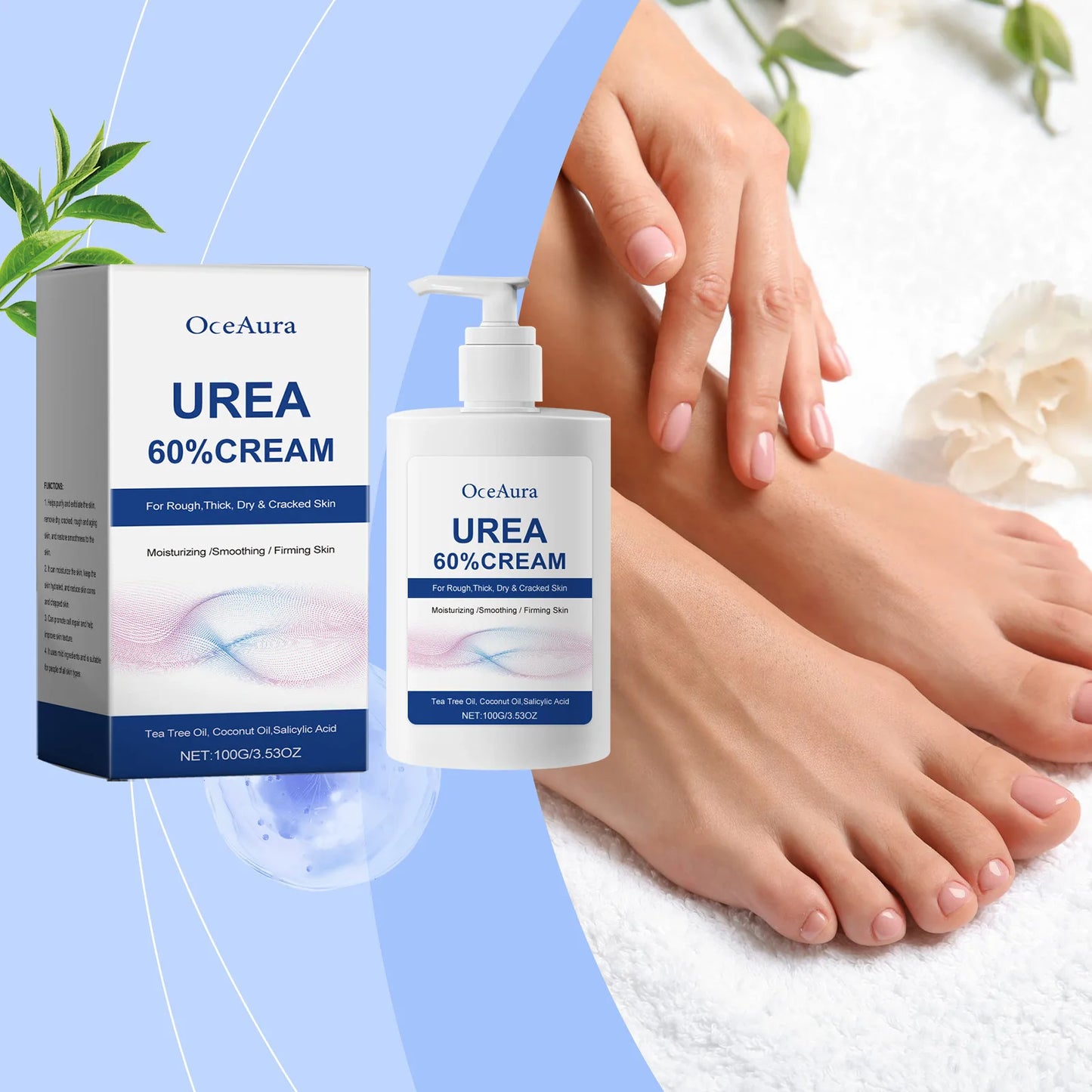 Creme hidratante para os pés com 60% de ureia. Alivia o ressecamento e rachaduras nos calcanhares, repara, suaviza, remove calosidades e pele morta. Cuidados com a pele das mãos e pés.